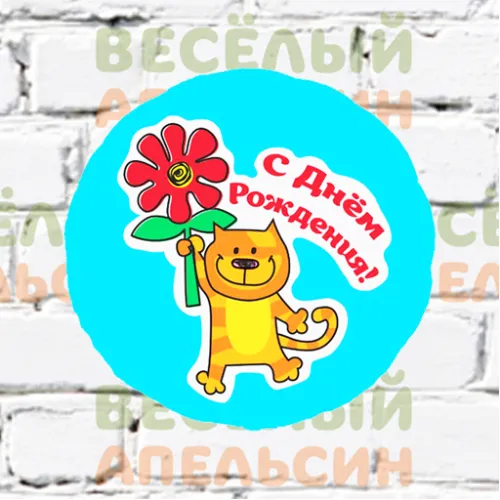 Шар с гелием С Днем Рождения Кот с цветком на голубом